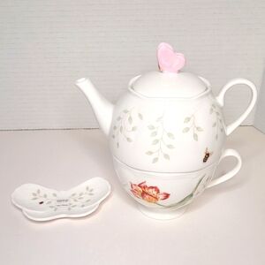 Lenox Butterfly Meadow Individual Tea Set Teapot Lid Cup Tea Bag Holder NWT